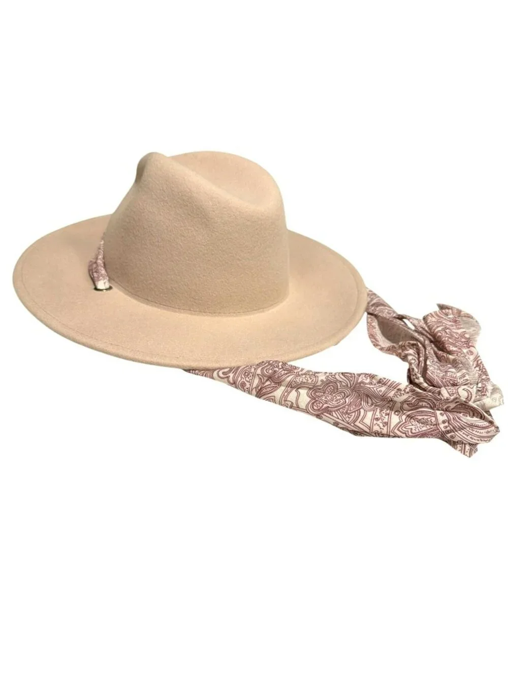 Wyeth Beige Wool Hat With Paisley Scarf Detail Wide Brim New